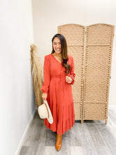 Load image into Gallery viewer, Modest Button Detail Tasseled Swiss Dot Midi Dress