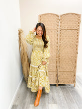 Load image into Gallery viewer, modest Botanical Print Smocked Waist Contrast Lace Detail Midi Dress