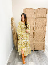 Load image into Gallery viewer, modest Botanical Print Smocked Waist Contrast Lace Detail Midi Dress