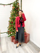 Load image into Gallery viewer, THE ADELINE VELVET FRONT BOW TIE RIBBED KNIT CARDIGAN SWEATER