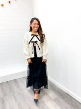 Load image into Gallery viewer, FRONT TIE VELVET BOW CABLE KNIT CARDIGAN SWEATER