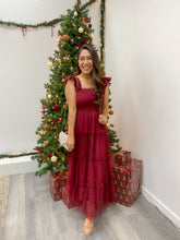 Load image into Gallery viewer, POLKA DOT CHIFFON SMOCKED TIERED MIDI DRESS