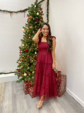 Load image into Gallery viewer, POLKA DOT CHIFFON SMOCKED TIERED MIDI DRESS