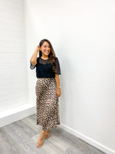 Load image into Gallery viewer, THE CHARLIE SATIN LEOPARD PRINT A LINE MIDI SKIRT WITH WAIST ELASTIC
