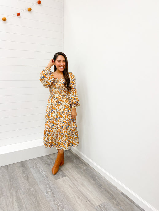 Modest Long Sleeve Smocked Bodice Midi Dress