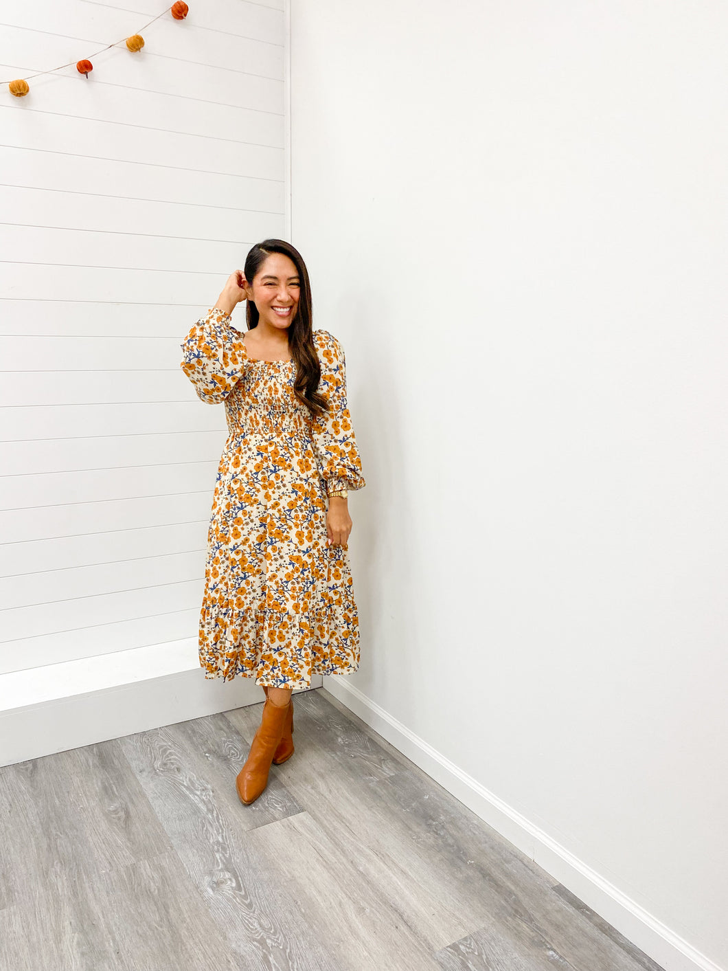 Modest Long Sleeve Smocked Bodice Midi Dress