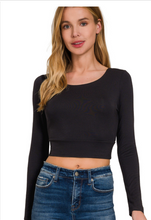 Load image into Gallery viewer, Double layered long sleeve cropped round neck top
