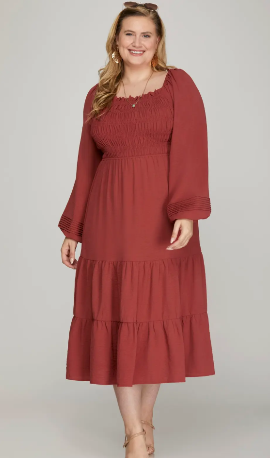 THE SAVANNAH PLUS PUFF LONG SLEEVE SMOCKED TIERED MIDI DRESS