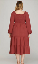 Load image into Gallery viewer, THE SAVANNAH PLUS PUFF LONG SLEEVE SMOCKED TIERED MIDI DRESS
