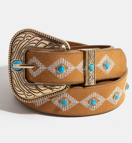 Turquoise Studs Western Concho Buckle Faux Leather Belt