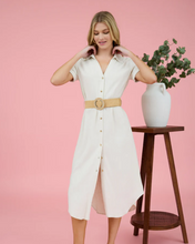 Load image into Gallery viewer, THE ELVIA COLLARED BUTTON DOWN TAB SLEEVE BELTED MIDI DRESS

