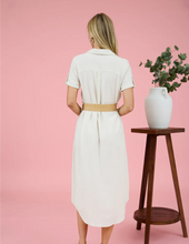 Load image into Gallery viewer, THE ELVIA COLLARED BUTTON DOWN TAB SLEEVE BELTED MIDI DRESS
