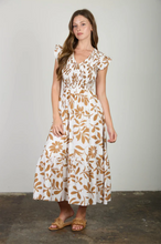 Load image into Gallery viewer, THE KINSLEY FLORAL LEAF PRINT SMOCKED MOCK BUTTON MIDI DRESS
