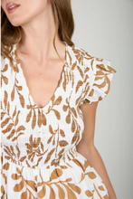 Load image into Gallery viewer, THE KINSLEY FLORAL LEAF PRINT SMOCKED MOCK BUTTON MIDI DRESS
