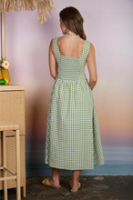 Load image into Gallery viewer, THE KENEDY PLAID BASQUE WAIST SLEEVELESS MIDI DRESS

