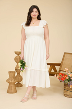 Load image into Gallery viewer, THE KAMERON PLUS MOCK BUTTON DOWN SMOCKED RUFFLE DETAIL MIDI DRESS
