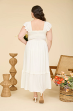 Load image into Gallery viewer, THE KAMERON PLUS MOCK BUTTON DOWN SMOCKED RUFFLE DETAIL MIDI DRESS
