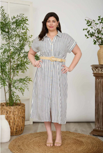 Load image into Gallery viewer, THE KATHERINE PLUS STRIPE SHORT SLEEVE BELTED SHIRT DRESS
