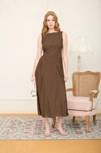 Load image into Gallery viewer, THE GISELLE BOAT NECK SLEEVELESS BASQUE WAIST MIDI DRESS
