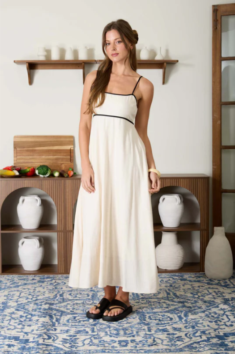 THE GALI CONTRAST TRIM SPAGHETTI EMPIRE WAIST MIDI DRESS