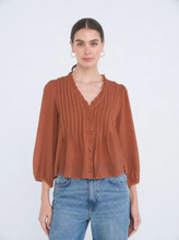 Load image into Gallery viewer, THE JUNE 3/4 SLEEVE RUFFLE TRIM PINTUCK DETAIL BLOUSE
