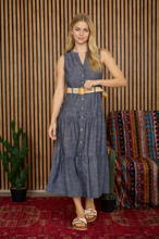 Load image into Gallery viewer, THE JASMINE BUTTON DOWN SLEEVELESS BELTED TIERED MIDI DRESS
