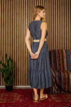 Load image into Gallery viewer, THE JASMINE BUTTON DOWN SLEEVELESS BELTED TIERED MIDI DRESS
