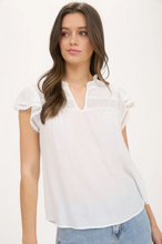 Load image into Gallery viewer, THE JANE SPLIT NECK EYELET CROCHET TRIM RUFFLE DETAIL TOP
