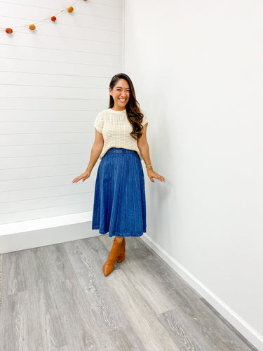 PLEATED DENIM MIDI SKIRT