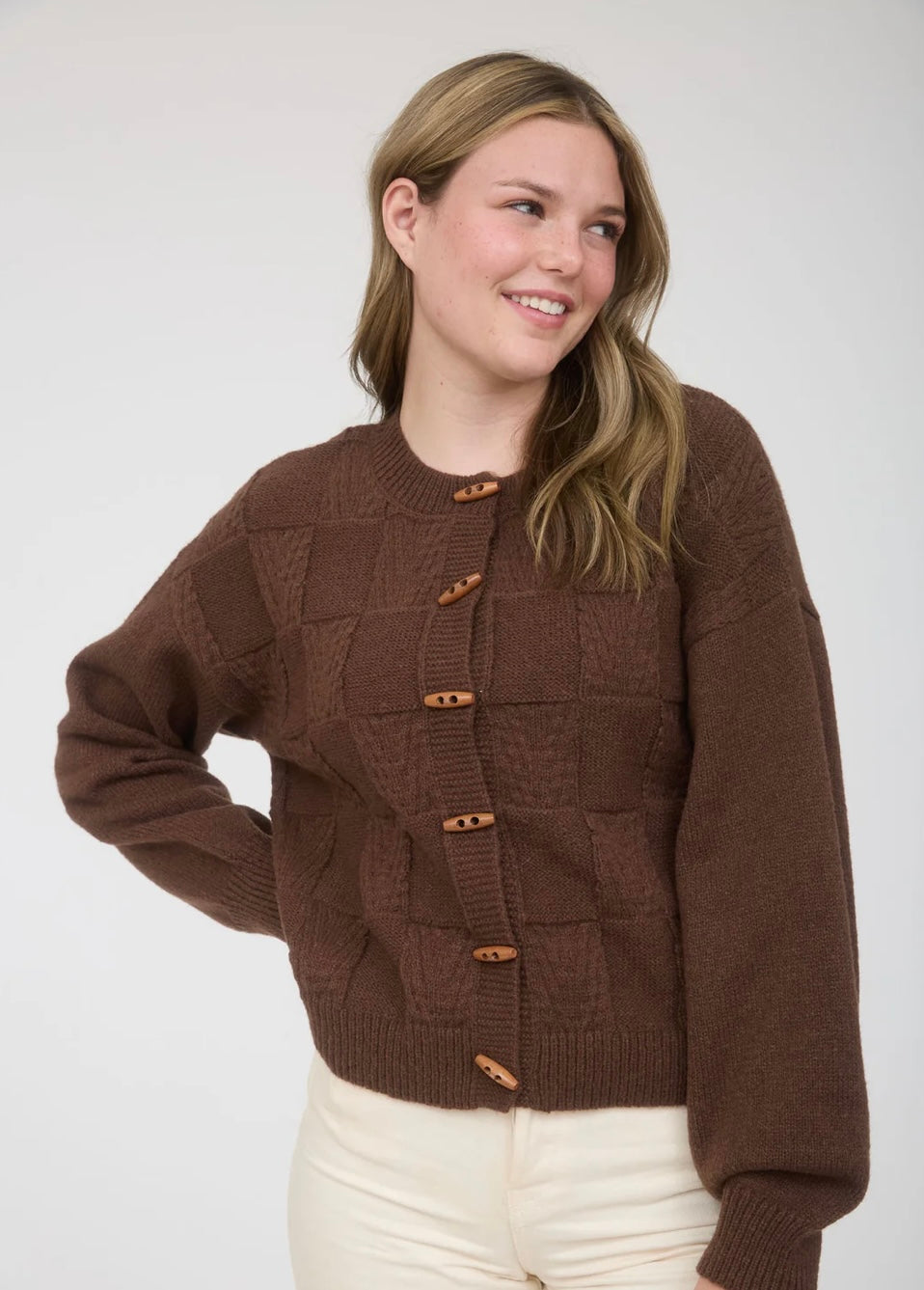 THE BENTLEY CHECKERED TOGGLE BUTTON DOWN KNIT CARDIGAN