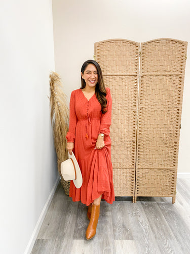 Modest Button Detail Tasseled Swiss Dot Midi Dress