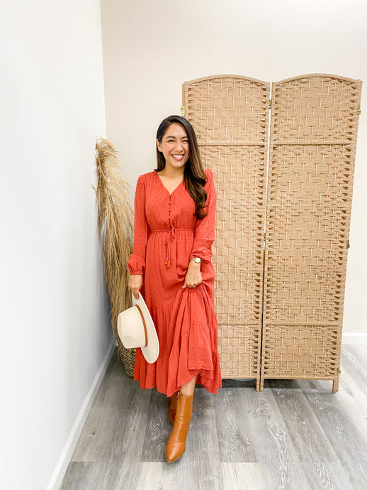 Modest Button Detail Tasseled Swiss Dot Midi Dress