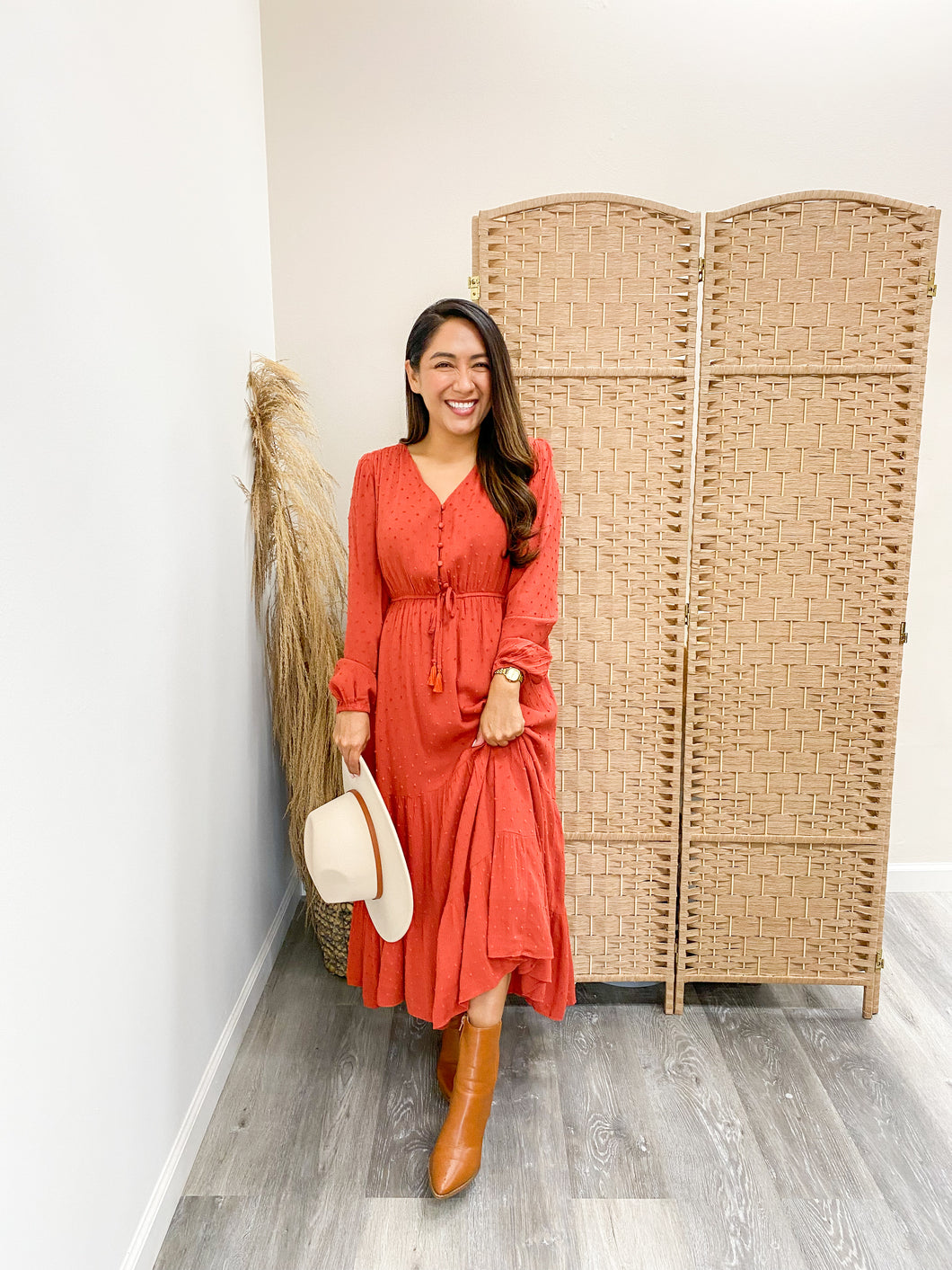 Modest Button Detail Tasseled Swiss Dot Midi Dress