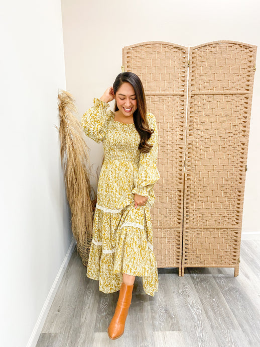 modest Botanical Print Smocked Waist Contrast Lace Detail Midi Dress