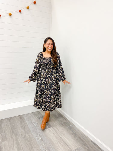 modest Long Sleeve Smocked Bodice Midi Dress