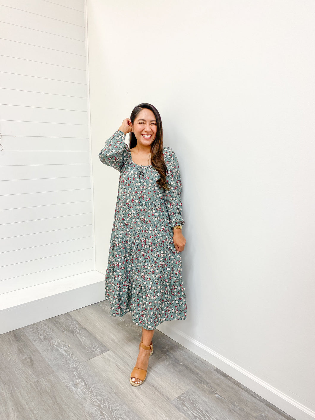 modest Square Neck Tiered Midi Dress