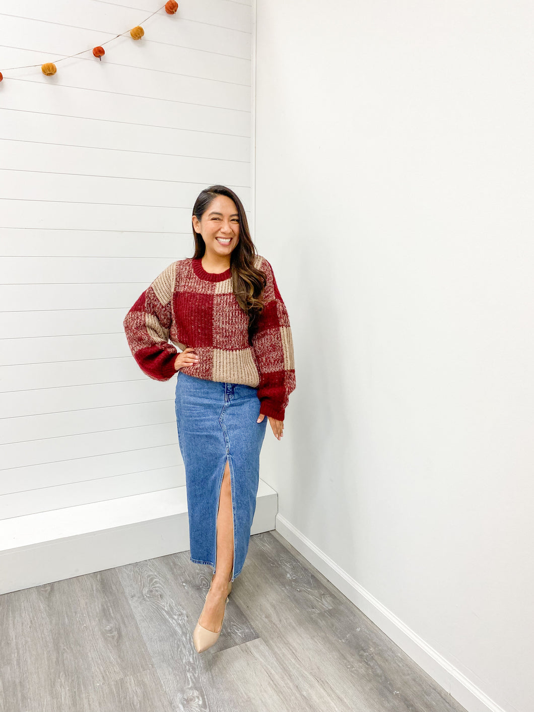 THE PILAR PLAID KNIT PATTERN CREWNECK PULLOVER SWEATER