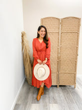 Load image into Gallery viewer, Modest Button Detail Tasseled Swiss Dot Midi Dress
