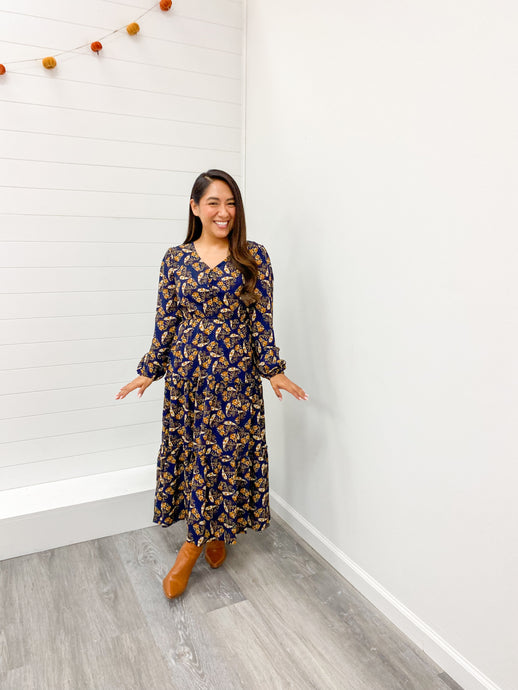 modest V Neck Floral Paisley Print Long Sleeve Dress