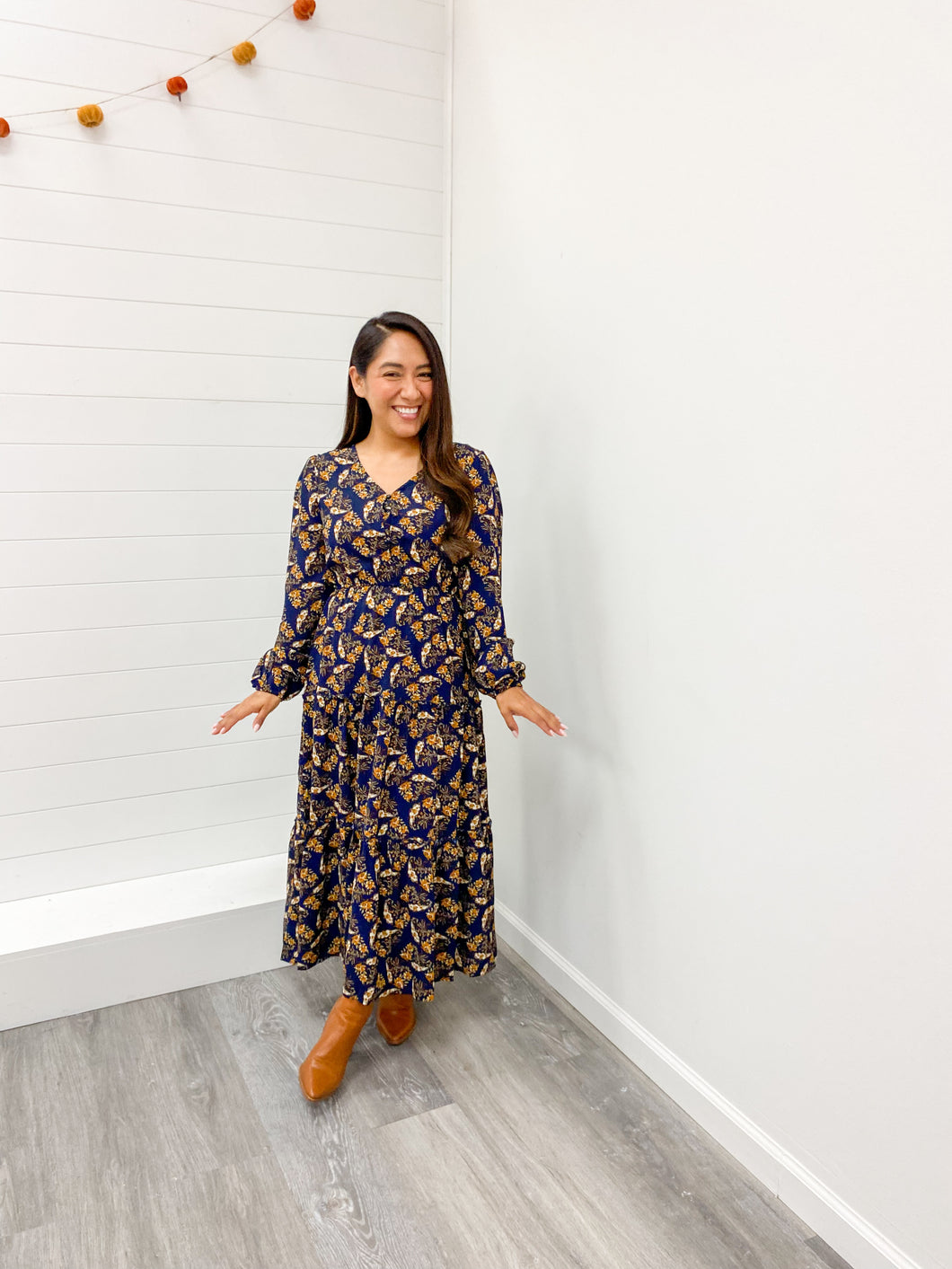 modest V Neck Floral Paisley Print Long Sleeve Dress