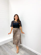 Load image into Gallery viewer, THE CHARLIE SATIN LEOPARD PRINT A LINE MIDI SKIRT WITH WAIST ELASTIC
