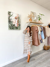 Load image into Gallery viewer, taupe modest Printed Long Sleeve Ruffled midi Dress
