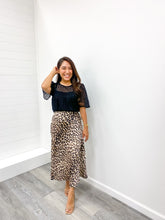 Load image into Gallery viewer, THE CHARLIE SATIN LEOPARD PRINT A LINE MIDI SKIRT WITH WAIST ELASTIC
