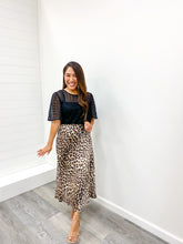 Load image into Gallery viewer, THE CHARLIE SATIN LEOPARD PRINT A LINE MIDI SKIRT WITH WAIST ELASTIC
