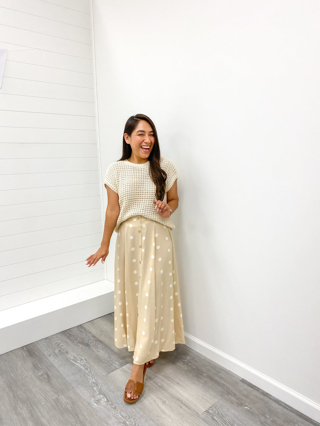THE CARLA POLKA DOT BUTTON DOWN MIDI SKIRT