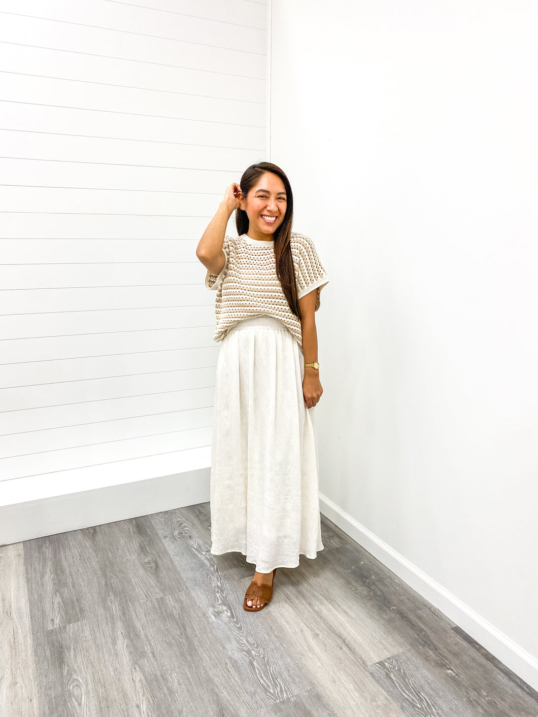 THE CARLY STRIPE CROCHET KNIT BATWING SHORT SLEEVE SWEATER