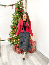 Load image into Gallery viewer, THE ADELINE VELVET FRONT BOW TIE RIBBED KNIT CARDIGAN SWEATER
