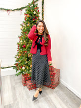 Load image into Gallery viewer, THE ADELINE VELVET FRONT BOW TIE RIBBED KNIT CARDIGAN SWEATER
