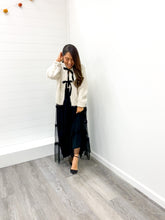 Load image into Gallery viewer, FRONT TIE VELVET BOW CABLE KNIT CARDIGAN SWEATER
