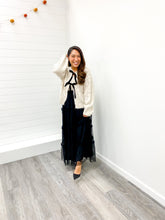 Load image into Gallery viewer, FRONT TIE VELVET BOW CABLE KNIT CARDIGAN SWEATER 
